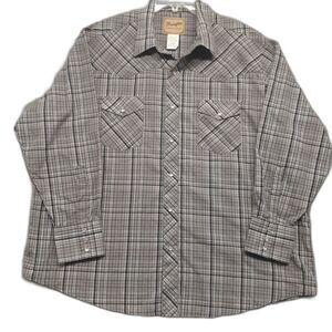 Mens Wrangler Western Pearl Snap Long Sleeve Gray Plaid Dress Shirt Outdoor 2XL
